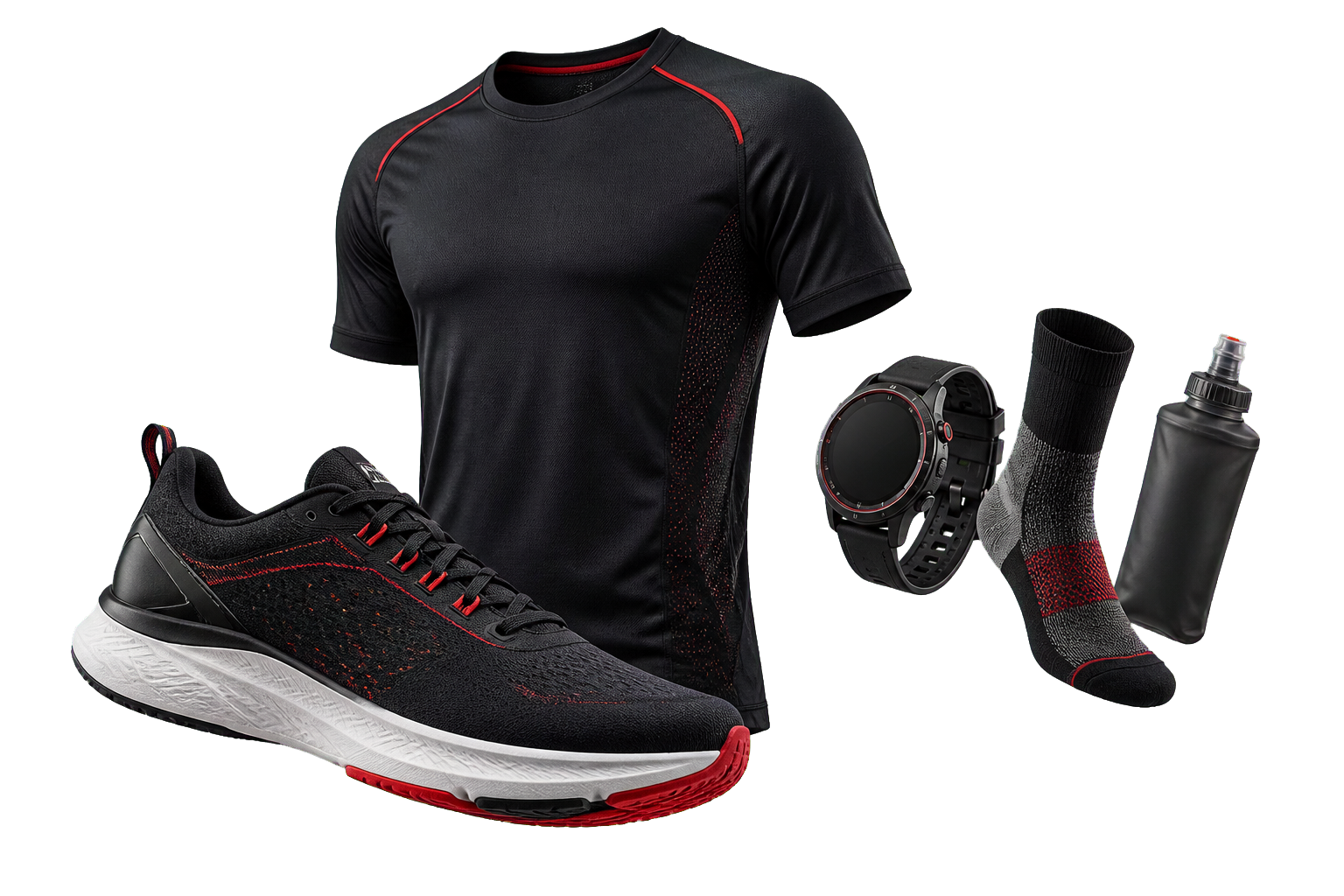 Chaussure, t-shirt technique, montre GPS et accessoires de running